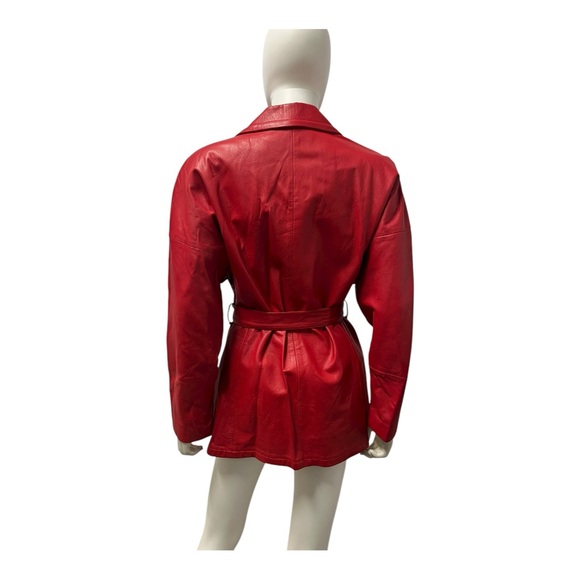 VTG 90s REMY GLAM ROCK Red Soft Leather Midi Belted Trench Coat Womens Medium - Picture 9 of 11